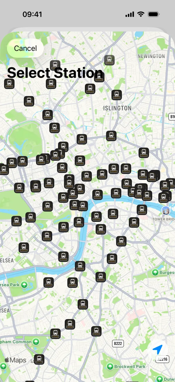 A map of central London with a pin on every Tube, DLR and Elizabeth line station