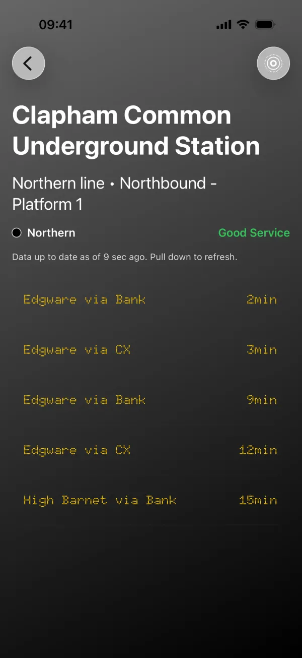A platform's board in TfL Platforms: the line's status, then the next trains and their minutes to arrival in amber dot-matrix type