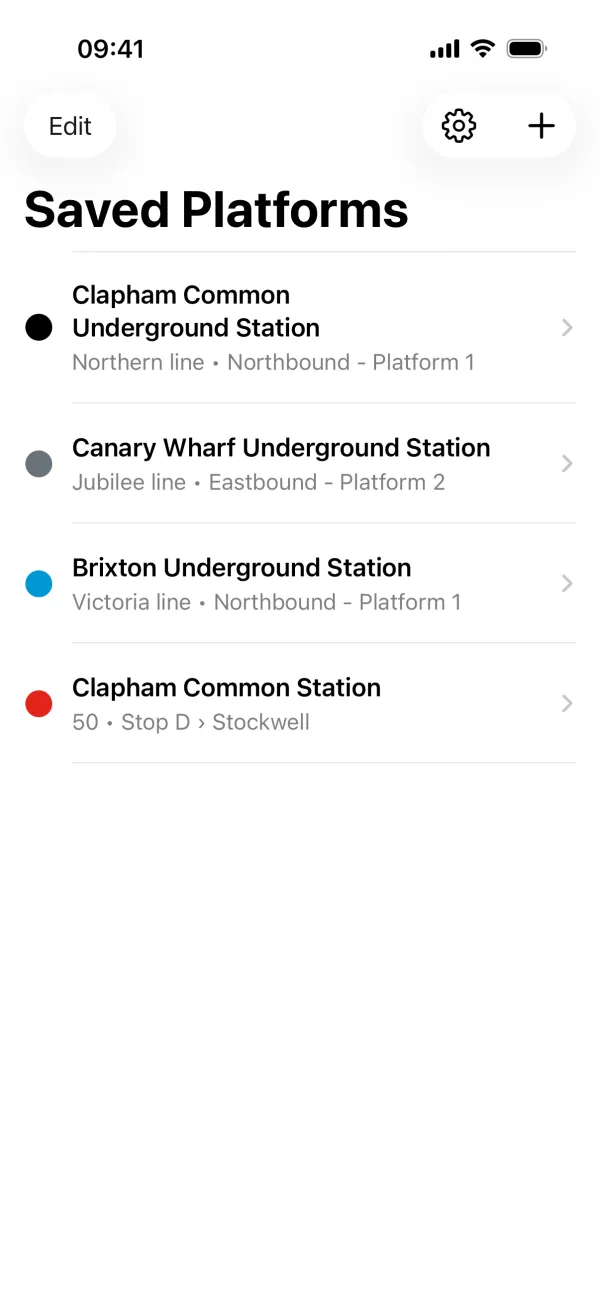 The saved list: Northern line at Clapham Common, Jubilee line at Canary Wharf, Victoria line at Brixton, and the 50 bus from Clapham Common Station stop D, each with its line colour